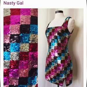 NASTY GAL Sequin Colorful Checkerboard Mini Dress Size 8